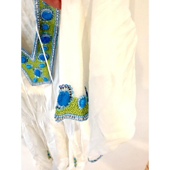 Elizabeth Hurley Beach White Swim Cover Tunic Blue Green Beads Small - Picture 5 of 9